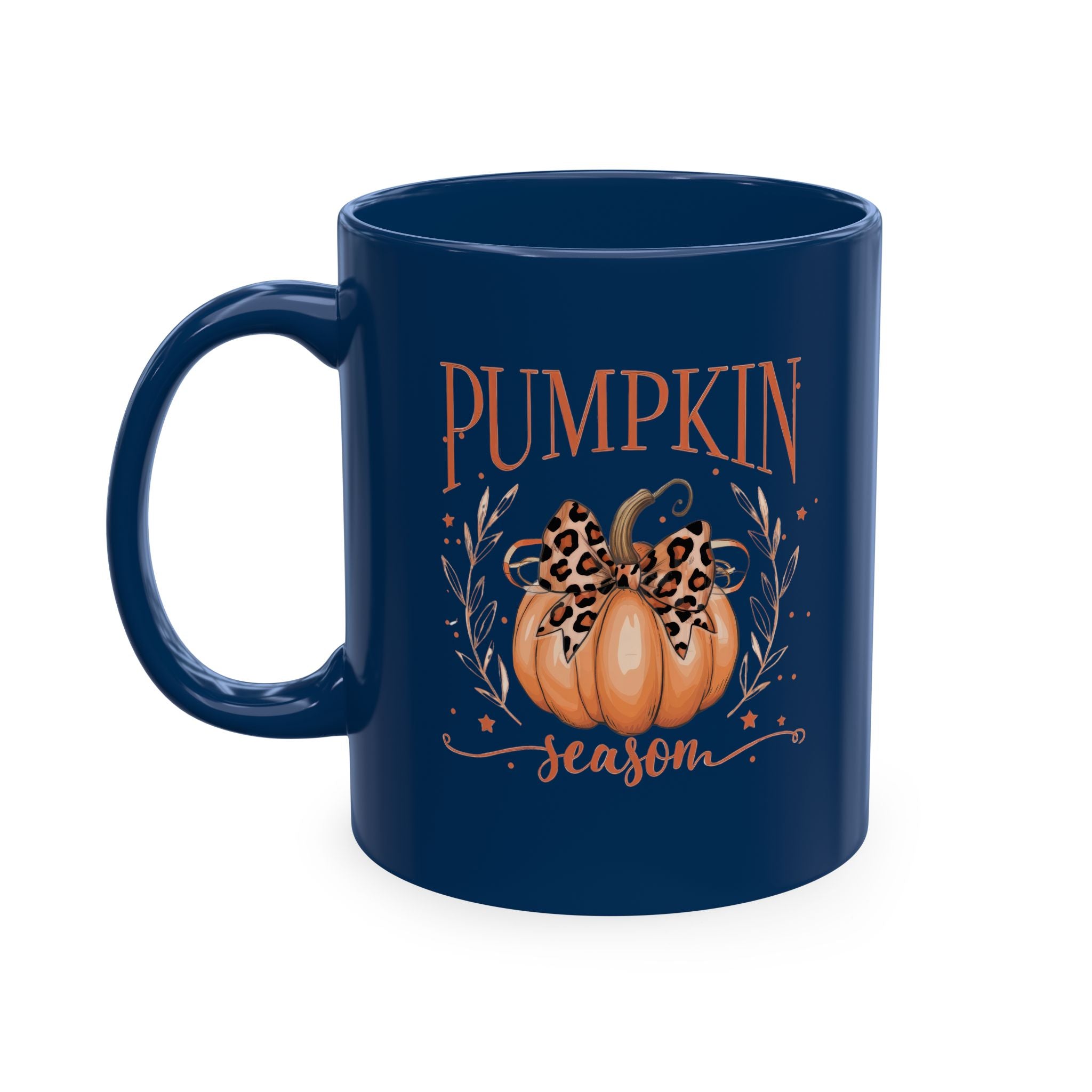 Pumpkin Season Ceramic Mug — Fall Coffee Cup with Leopard Bow Pumpkin Design