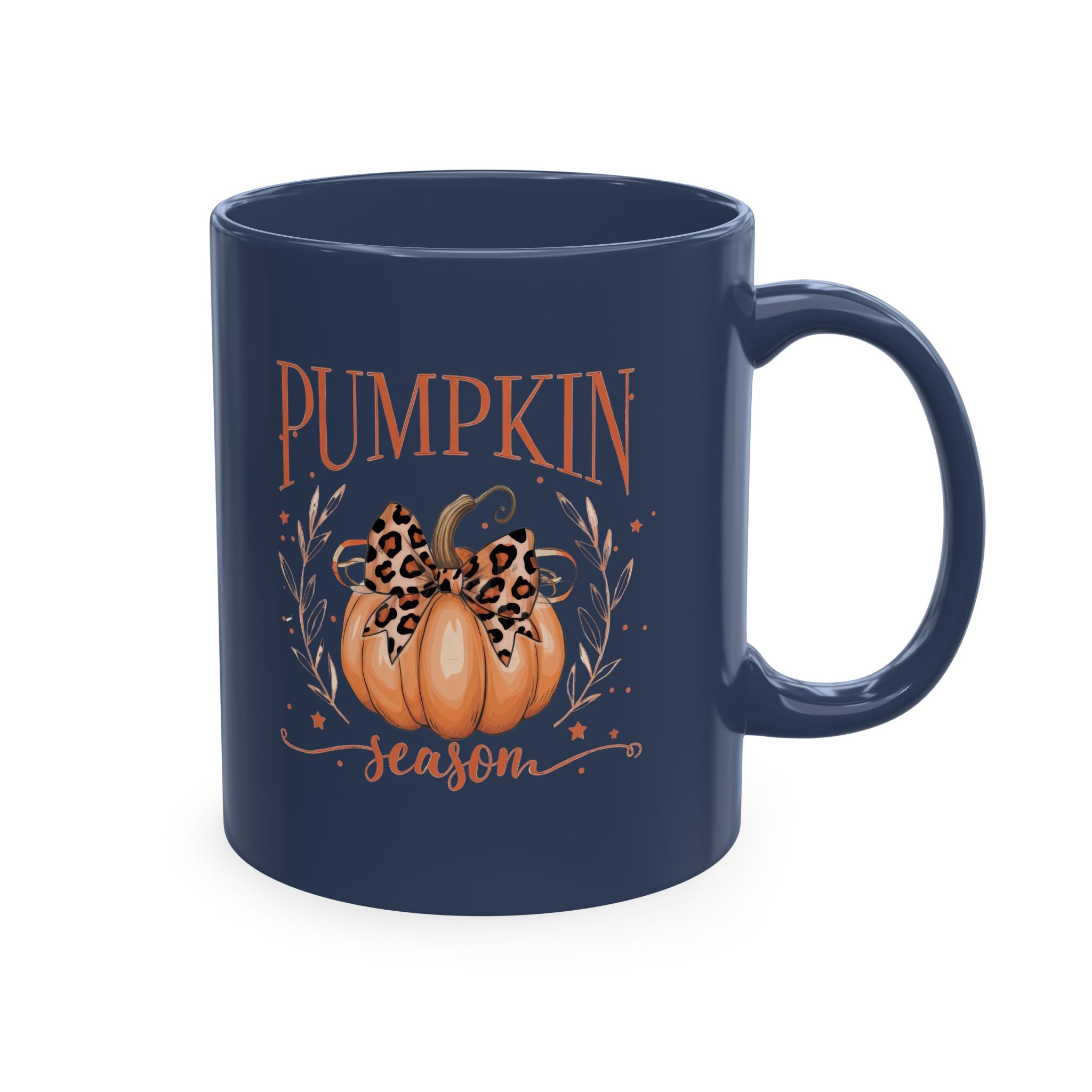 Pumpkin Season Ceramic Mug — Fall Coffee Cup with Leopard Bow Pumpkin Design