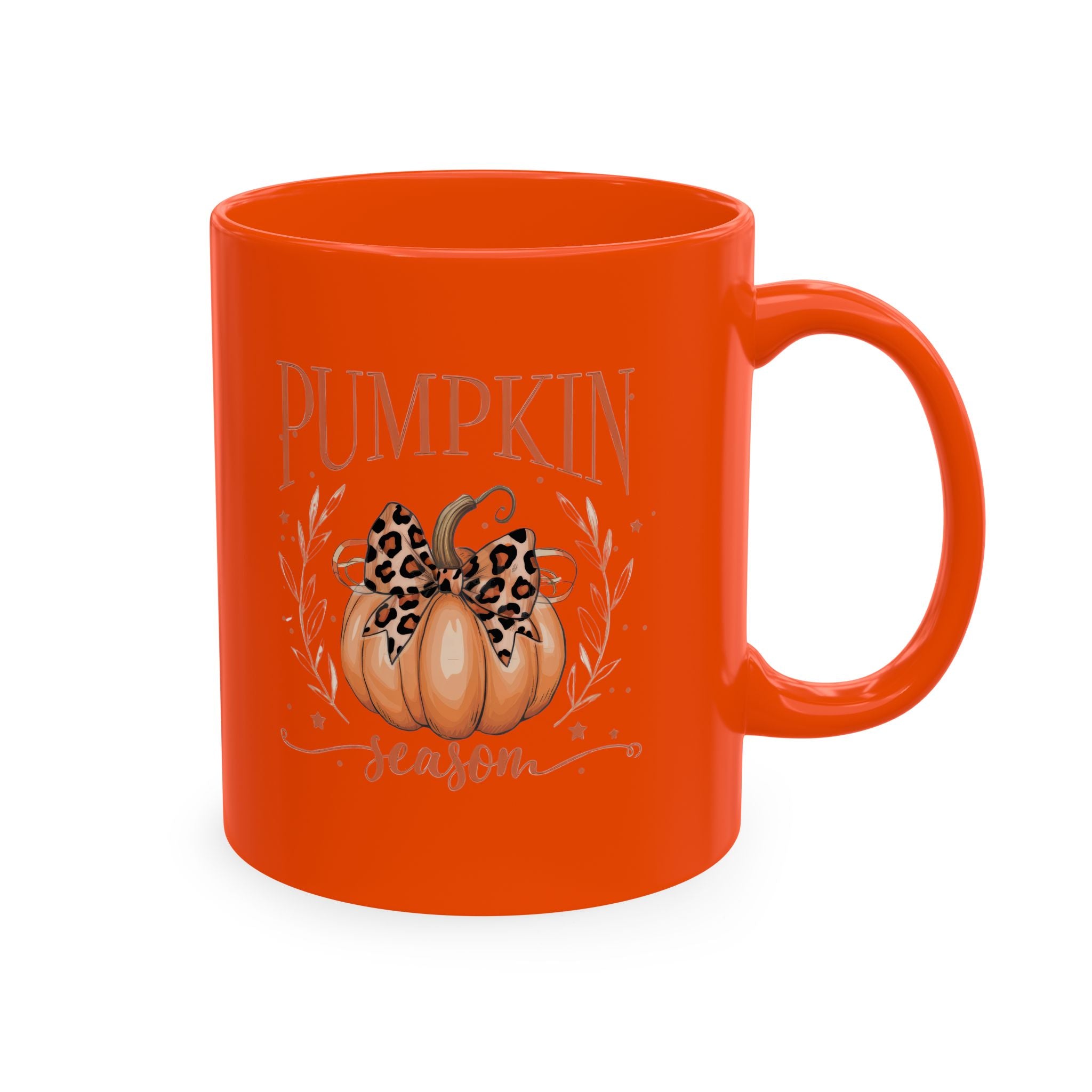 Pumpkin Season Ceramic Mug — Fall Coffee Cup with Leopard Bow Pumpkin Design