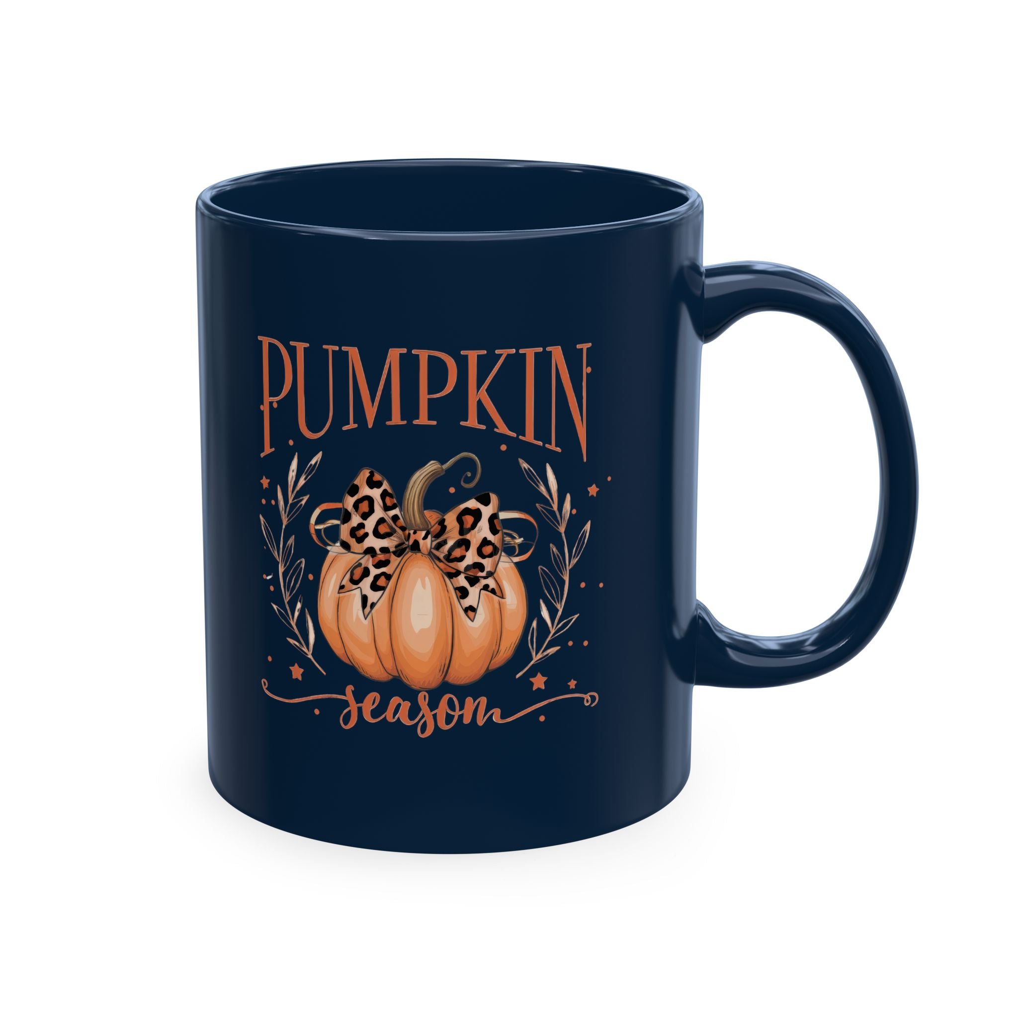 Pumpkin Season Ceramic Mug — Fall Coffee Cup with Leopard Bow Pumpkin Design