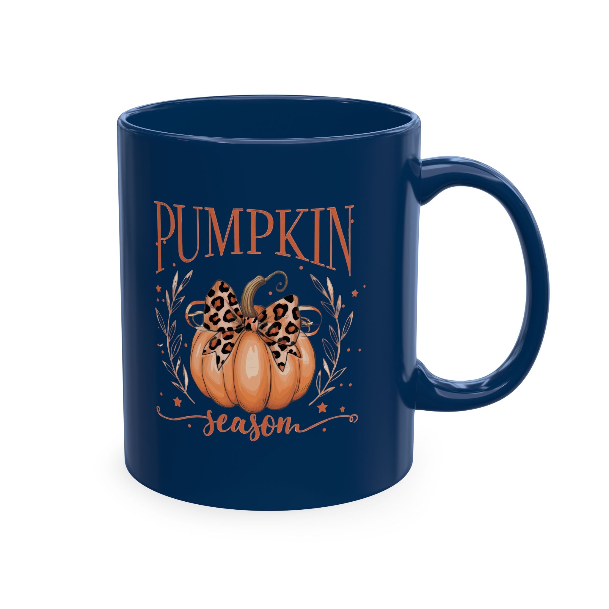 Pumpkin Season Ceramic Mug — Fall Coffee Cup with Leopard Bow Pumpkin Design
