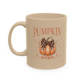 Pumpkin Season Ceramic Mug — Fall Coffee Cup with Leopard Bow Pumpkin Design