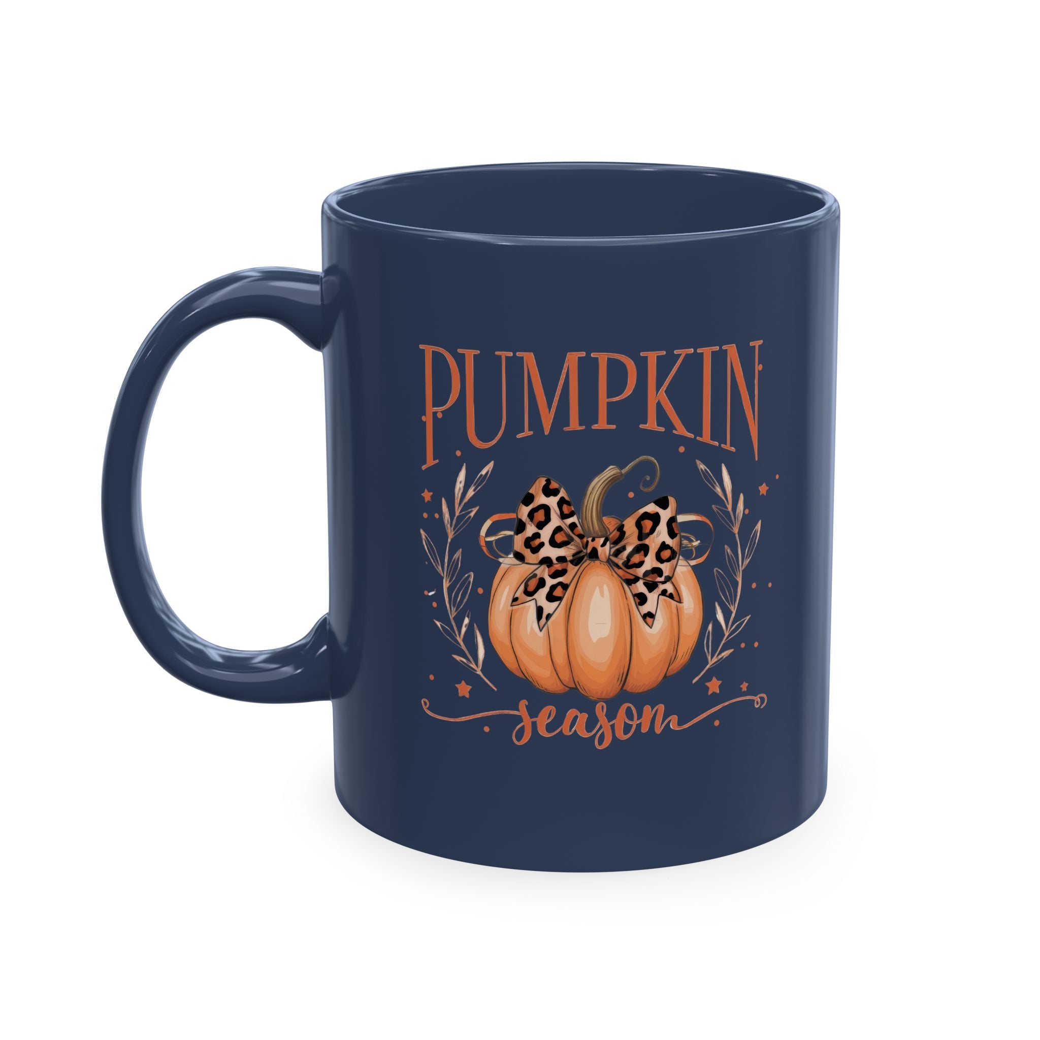 Pumpkin Season Ceramic Mug — Fall Coffee Cup with Leopard Bow Pumpkin Design