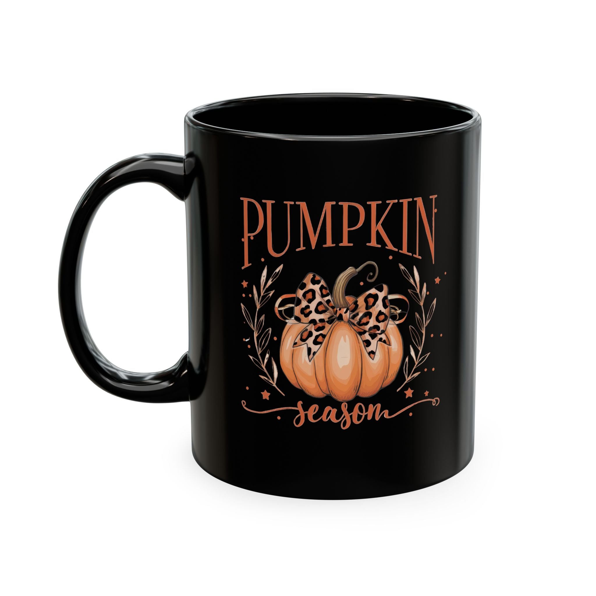 Pumpkin Season Ceramic Mug — Fall Coffee Cup with Leopard Bow Pumpkin Design