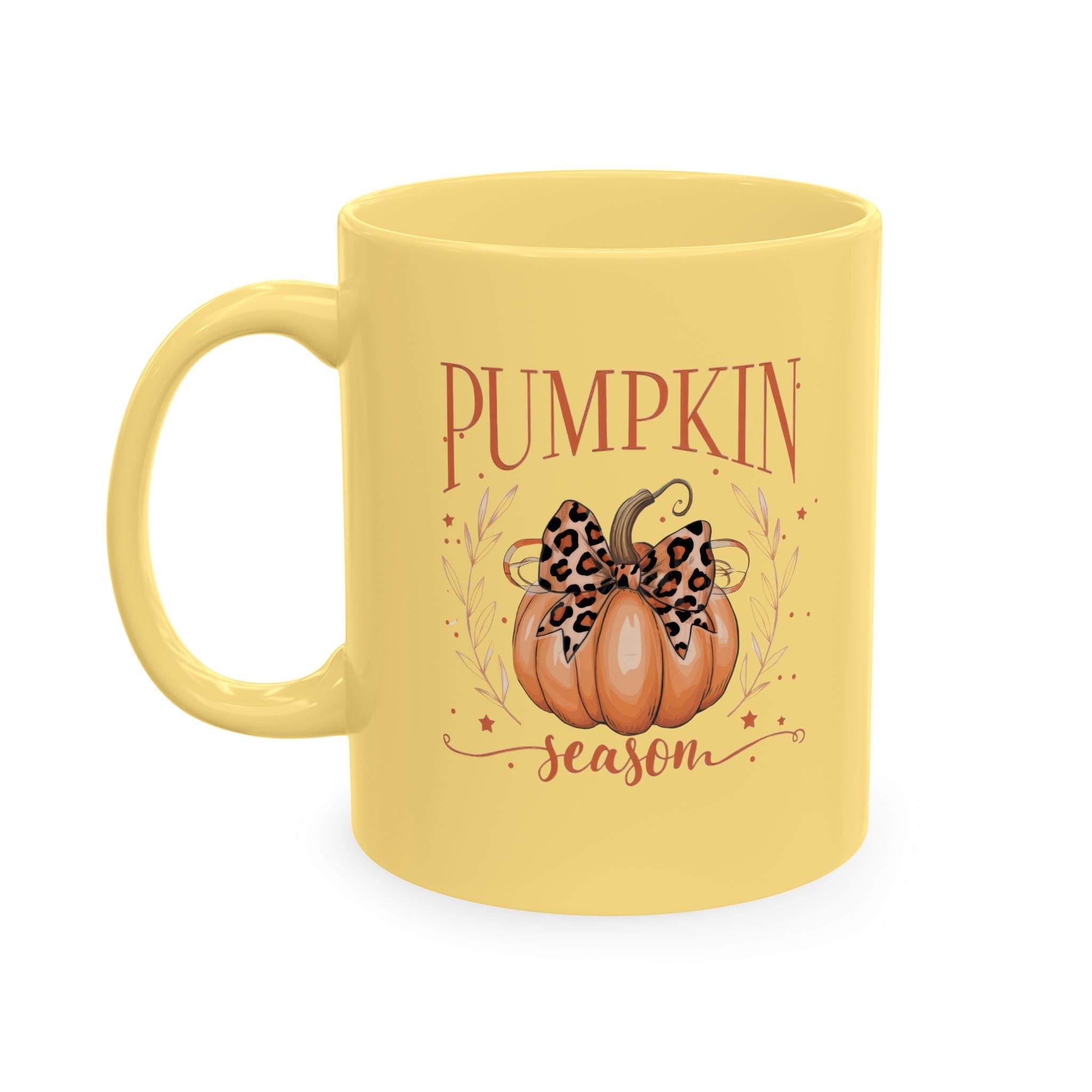Pumpkin Season Ceramic Mug — Fall Coffee Cup with Leopard Bow Pumpkin Design