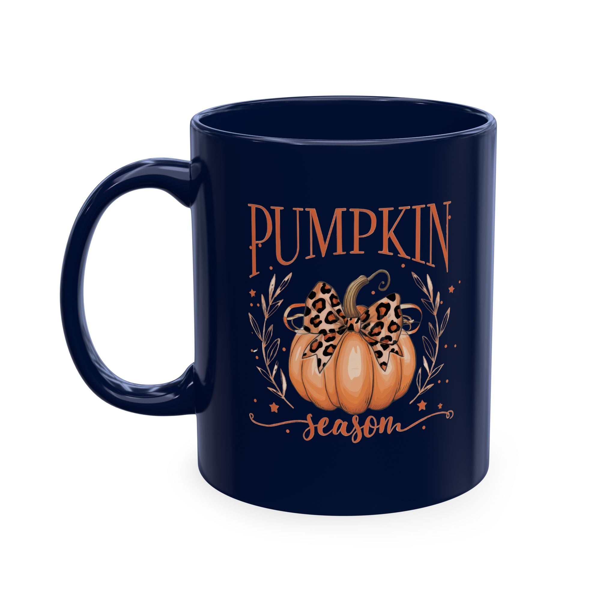 Pumpkin Season Ceramic Mug — Fall Coffee Cup with Leopard Bow Pumpkin Design