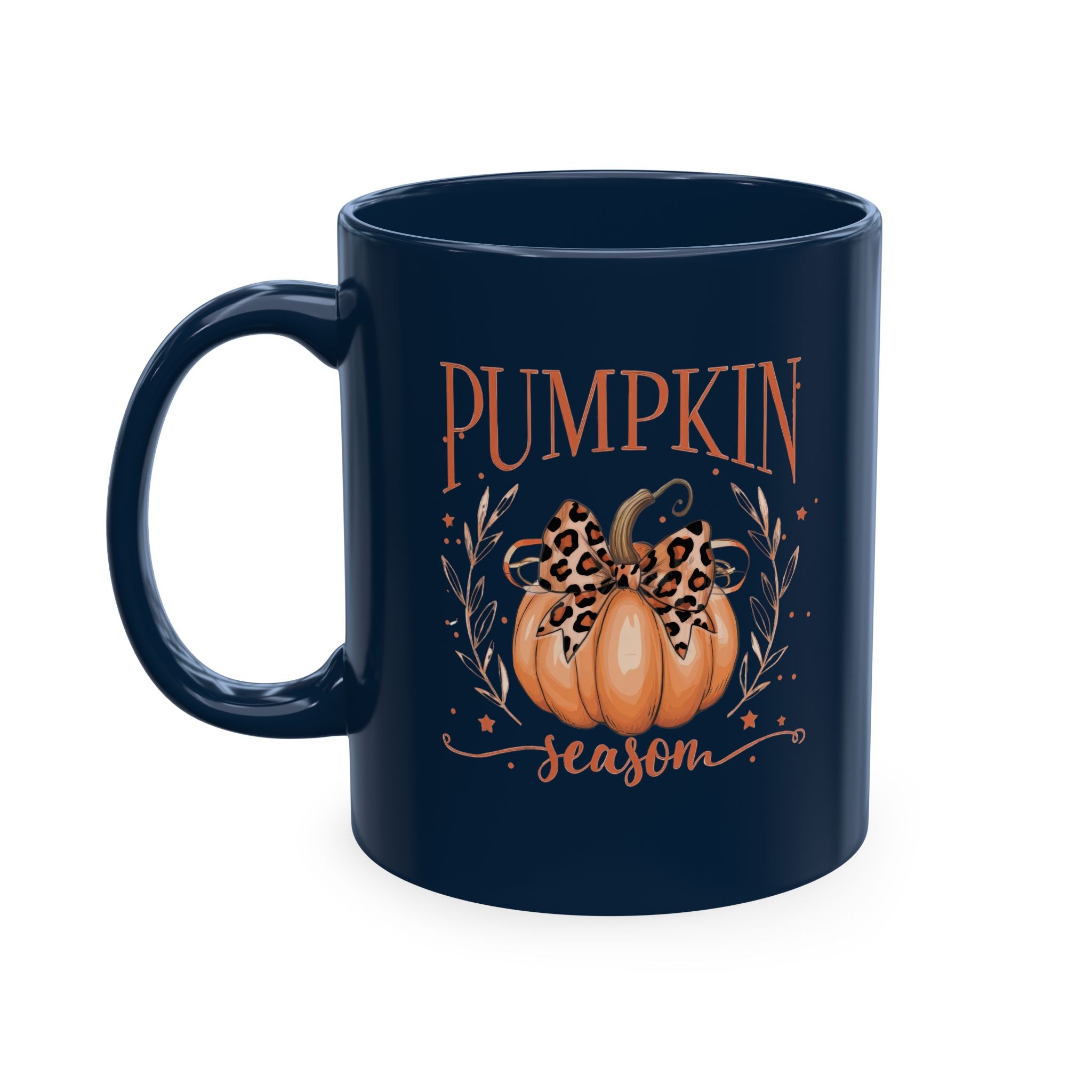 Pumpkin Season Ceramic Mug — Fall Coffee Cup with Leopard Bow Pumpkin Design