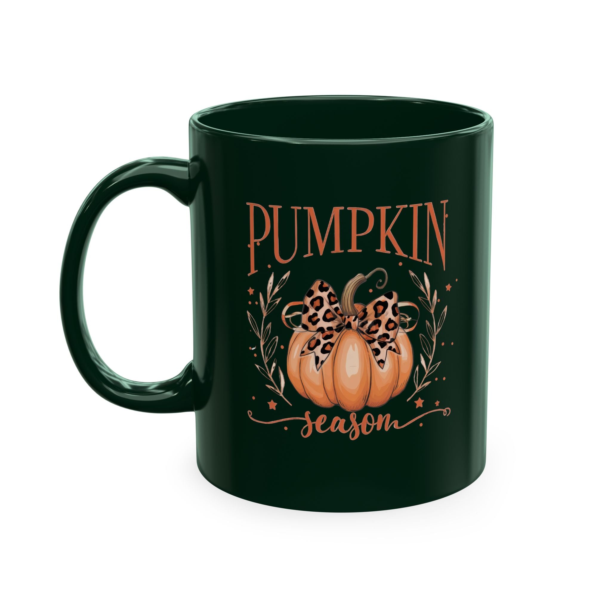 Pumpkin Season Ceramic Mug — Fall Coffee Cup with Leopard Bow Pumpkin Design