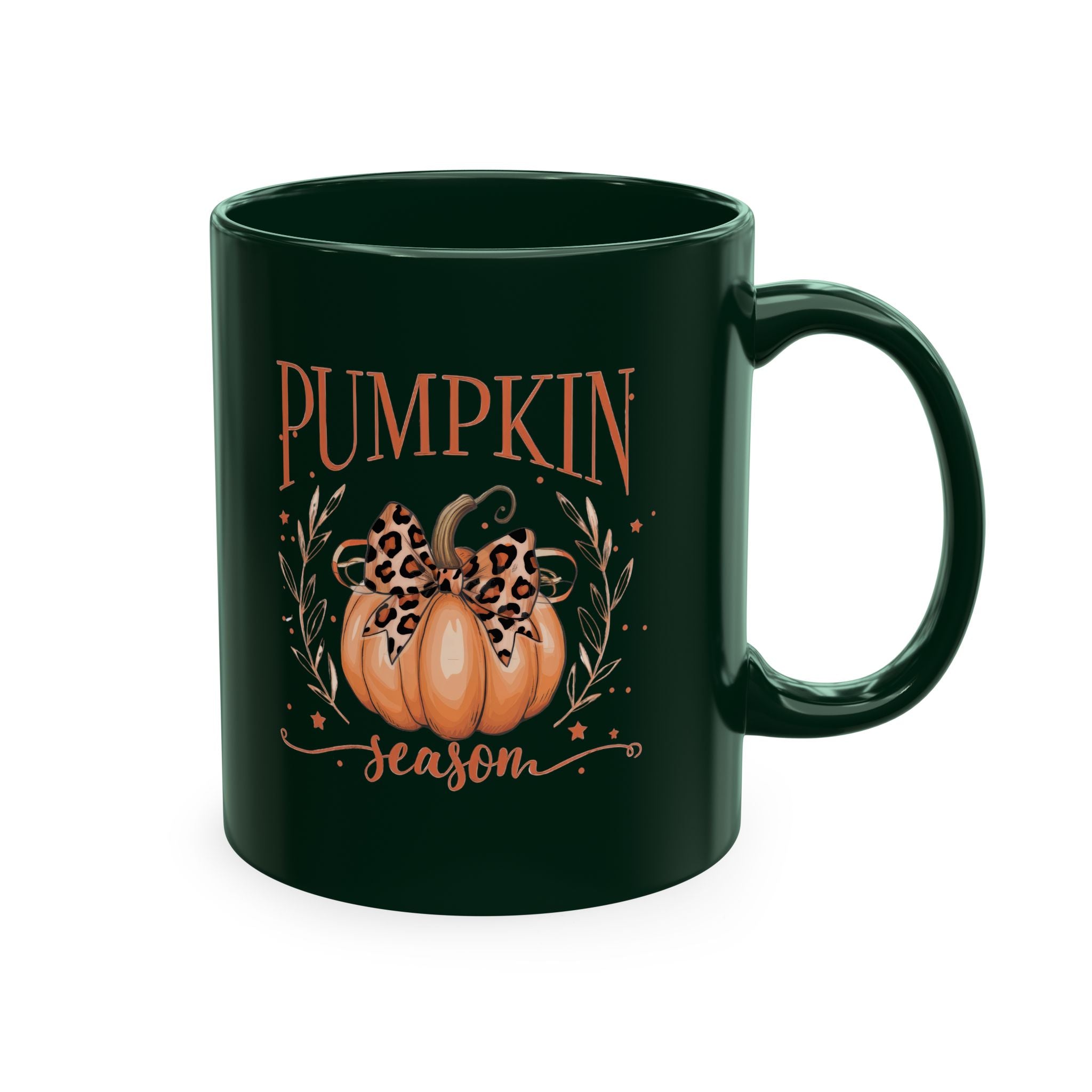 Pumpkin Season Ceramic Mug — Fall Coffee Cup with Leopard Bow Pumpkin Design