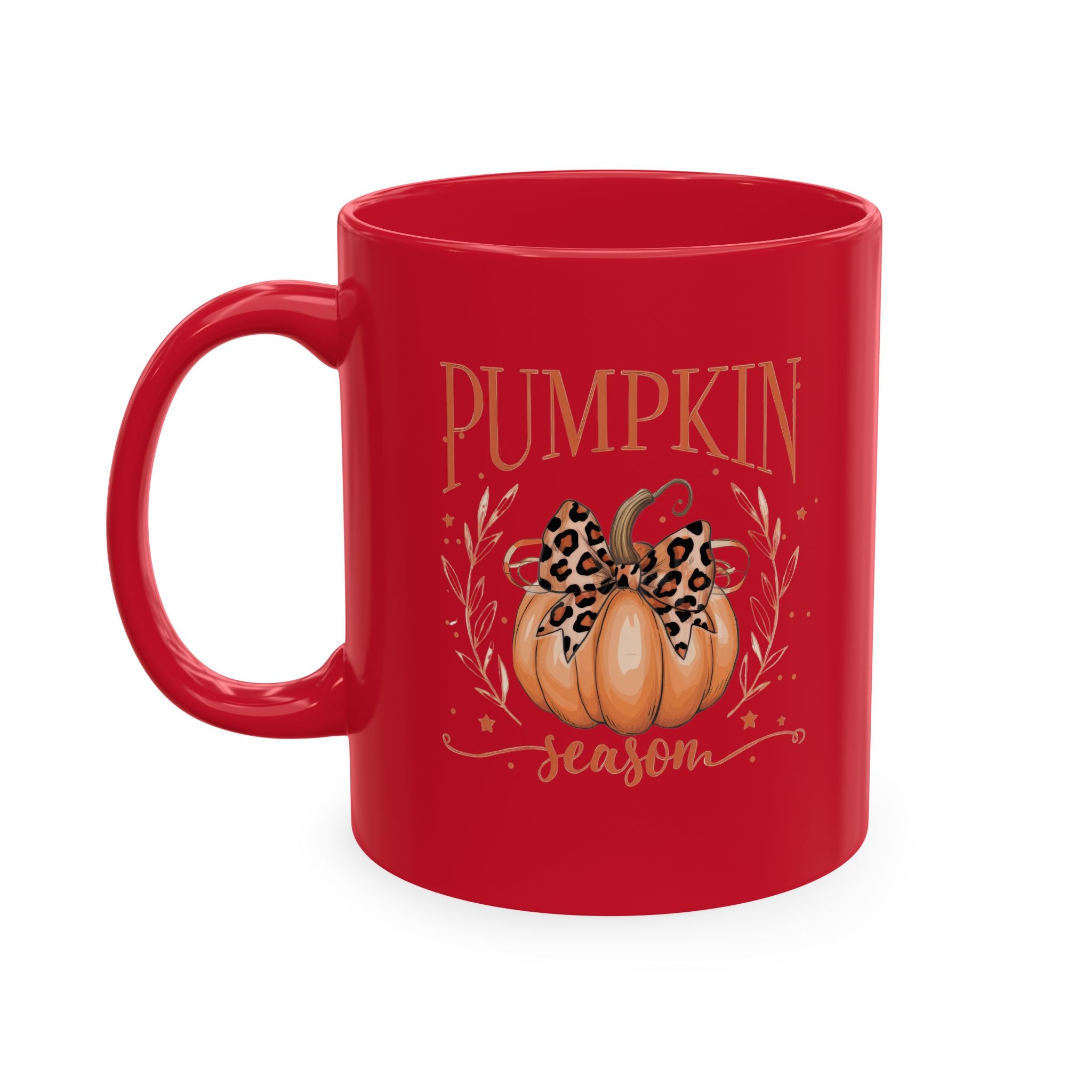 Pumpkin Season Ceramic Mug — Fall Coffee Cup with Leopard Bow Pumpkin Design