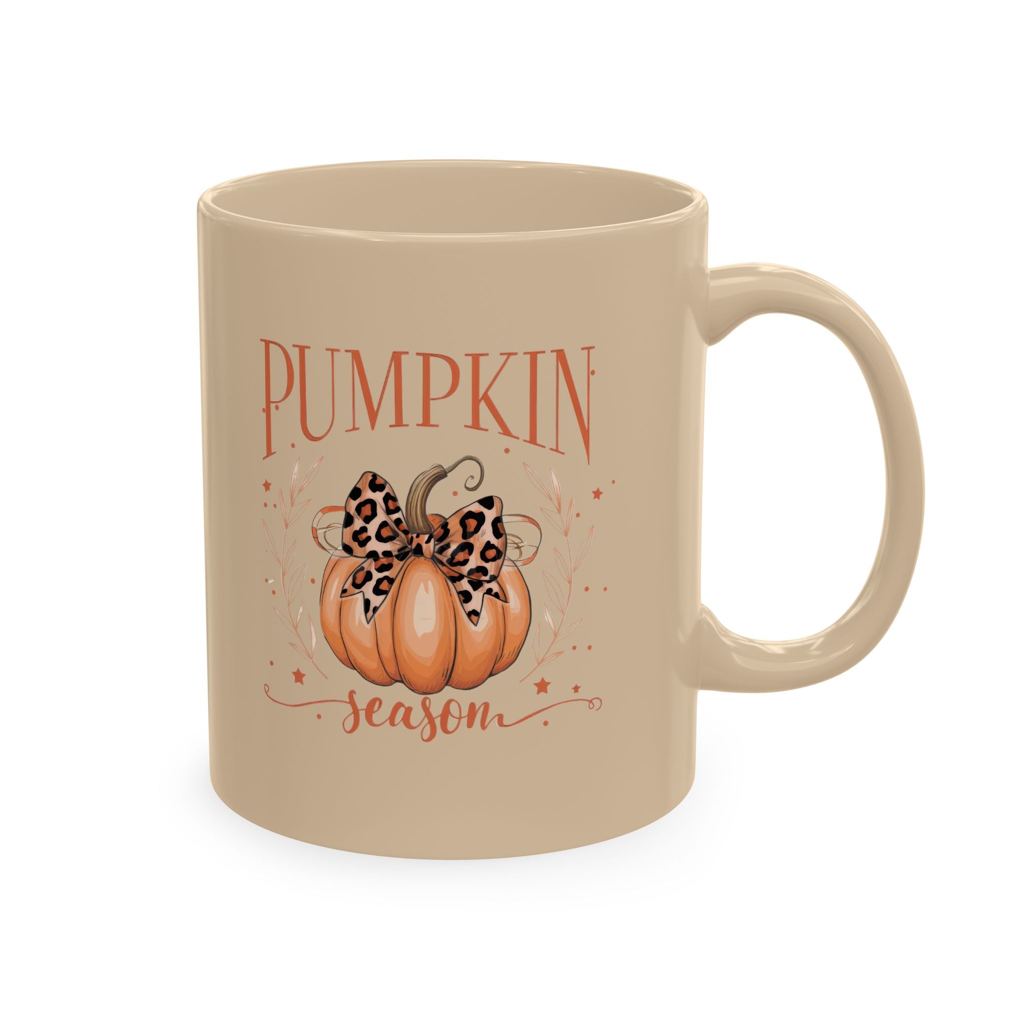 Pumpkin Season Ceramic Mug — Fall Coffee Cup with Leopard Bow Pumpkin Design