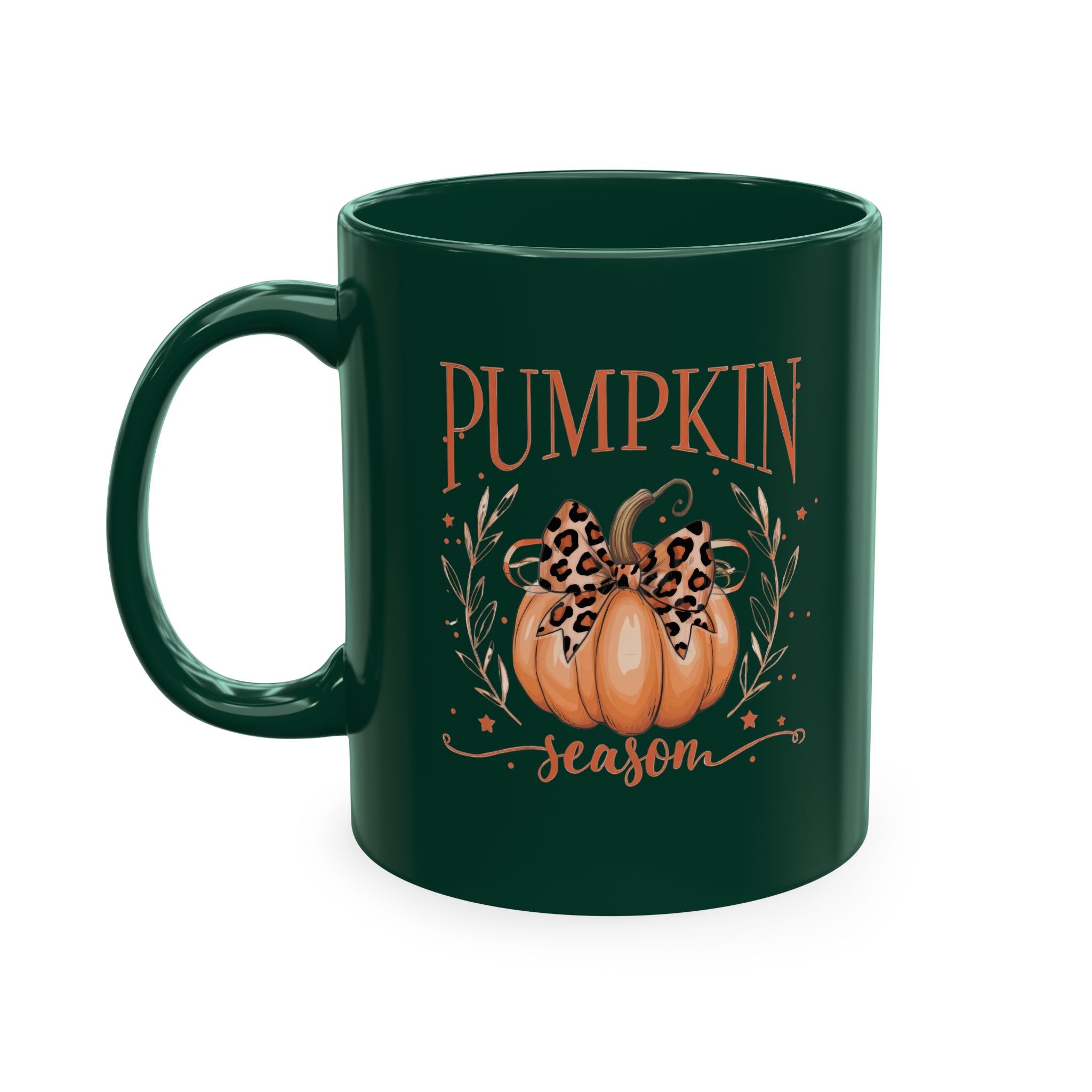 Pumpkin Season Ceramic Mug — Fall Coffee Cup with Leopard Bow Pumpkin Design
