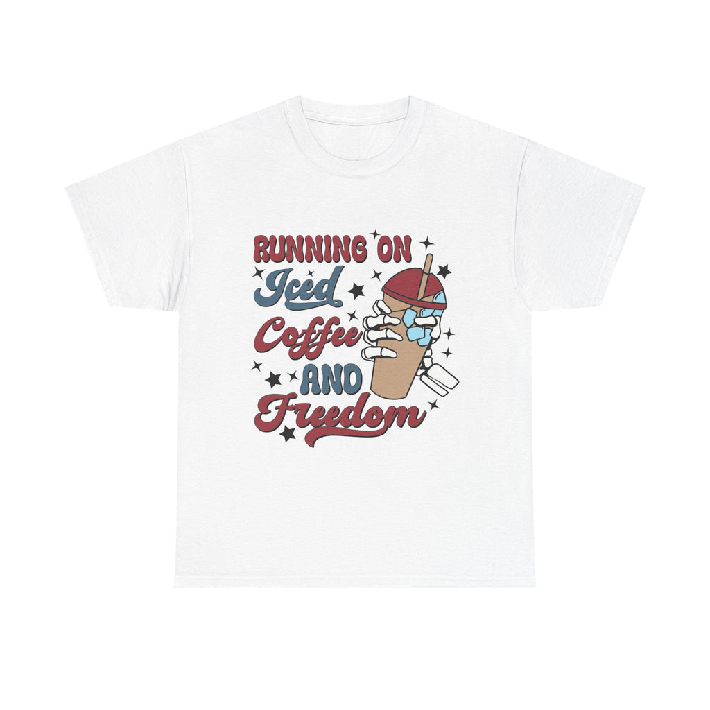Running on Iced Coffee and Freedom Fourth Of July Unisex Heavy Cotton Tee