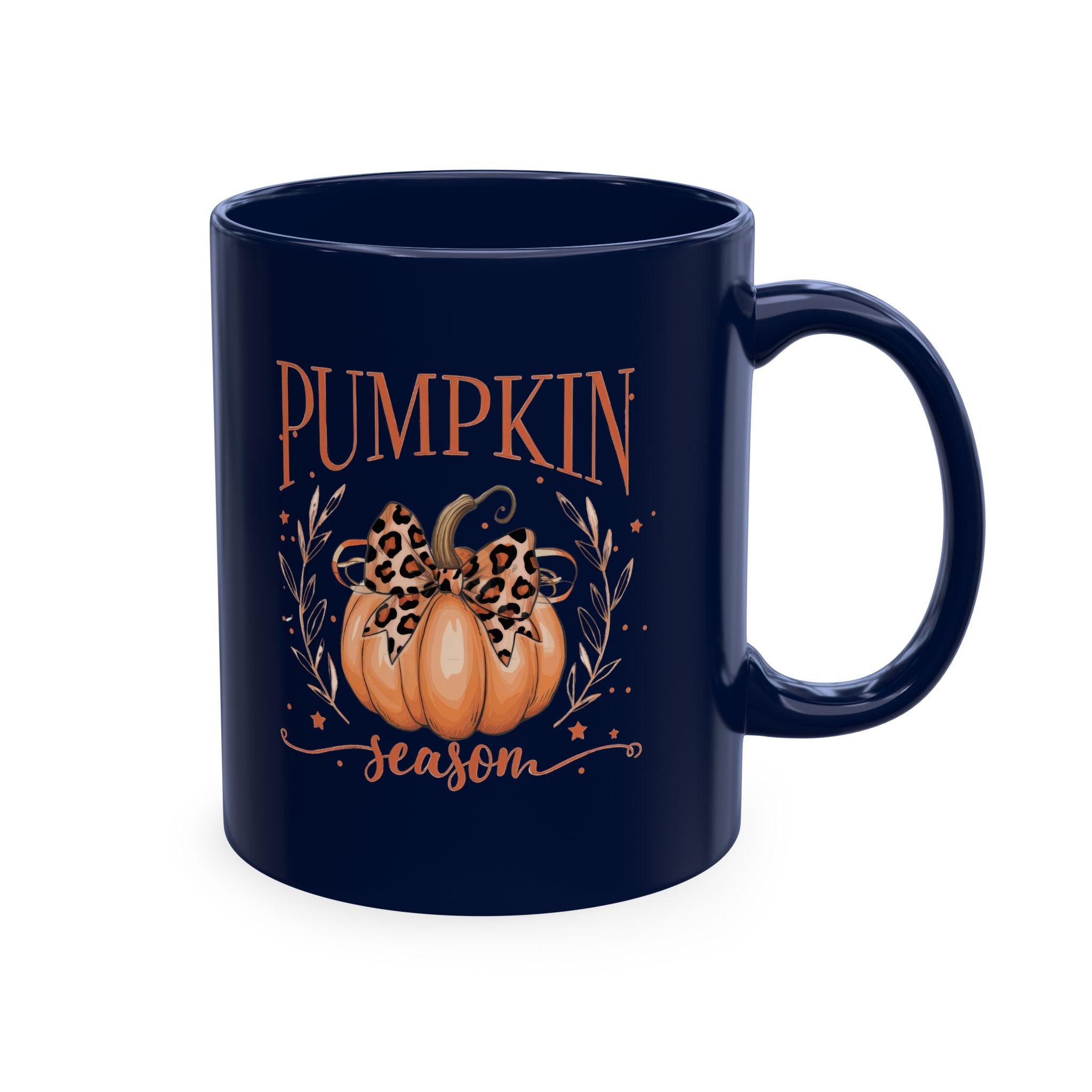 Pumpkin Season Ceramic Mug — Fall Coffee Cup with Leopard Bow Pumpkin Design