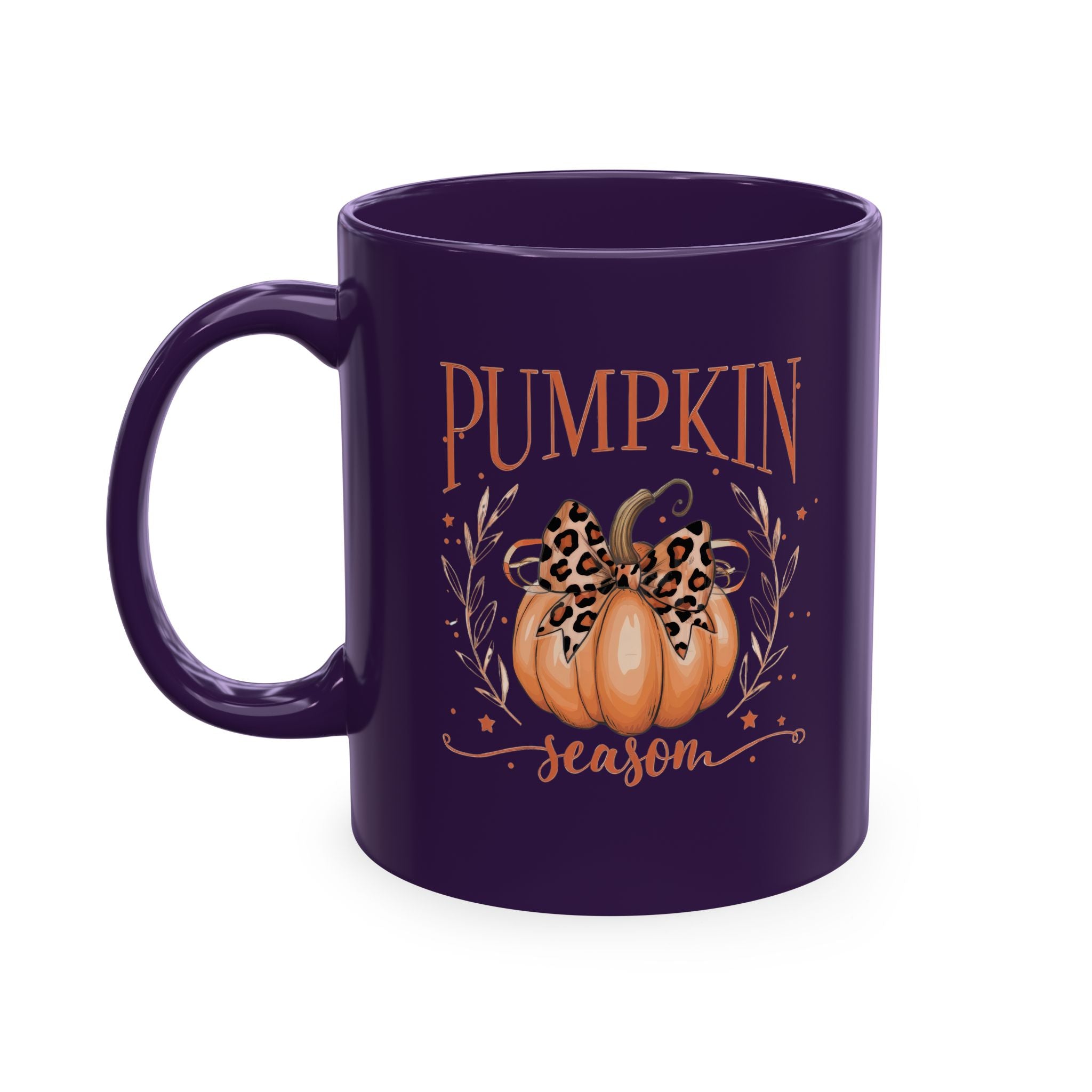 Pumpkin Season Ceramic Mug — Fall Coffee Cup with Leopard Bow Pumpkin Design
