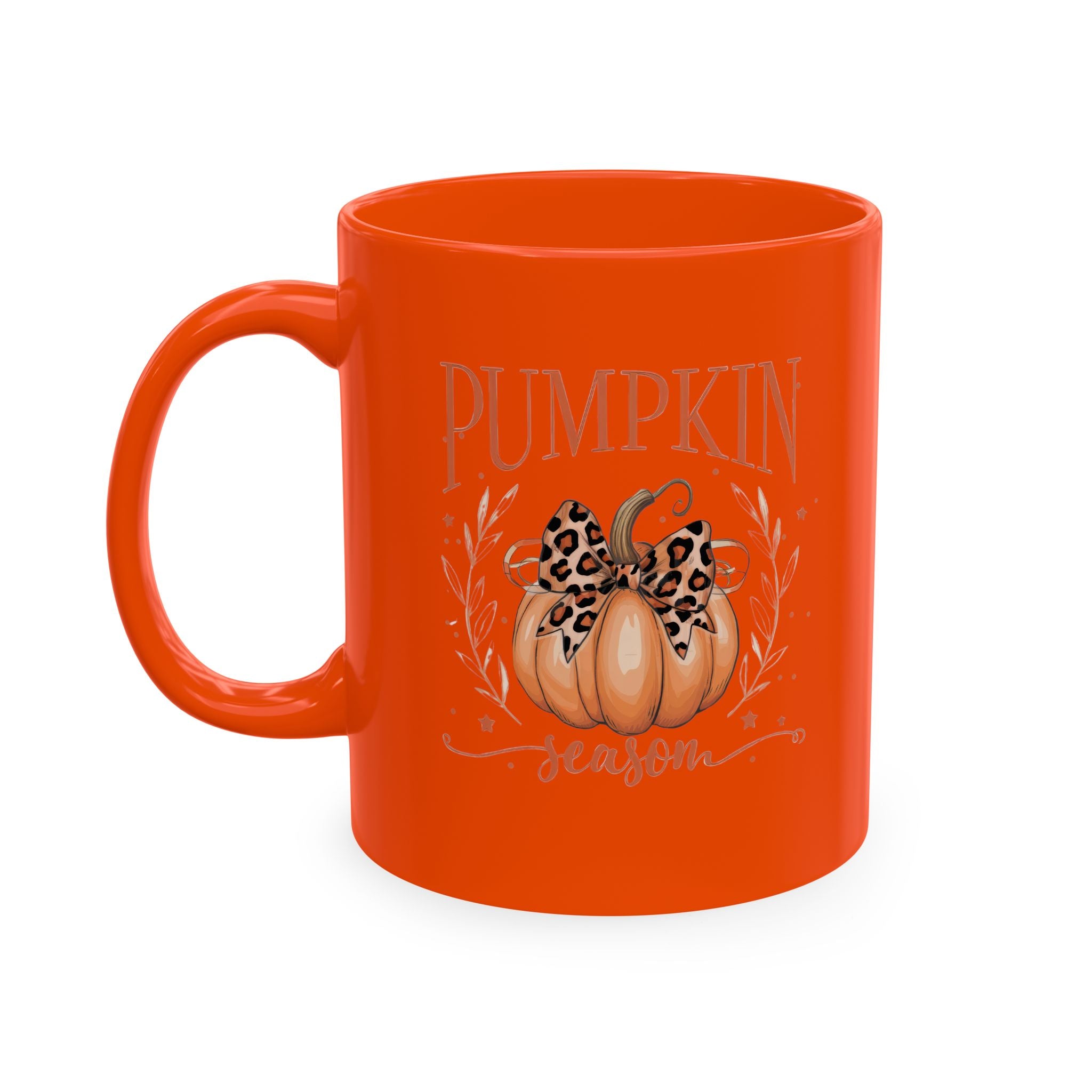 Pumpkin Season Ceramic Mug — Fall Coffee Cup with Leopard Bow Pumpkin Design