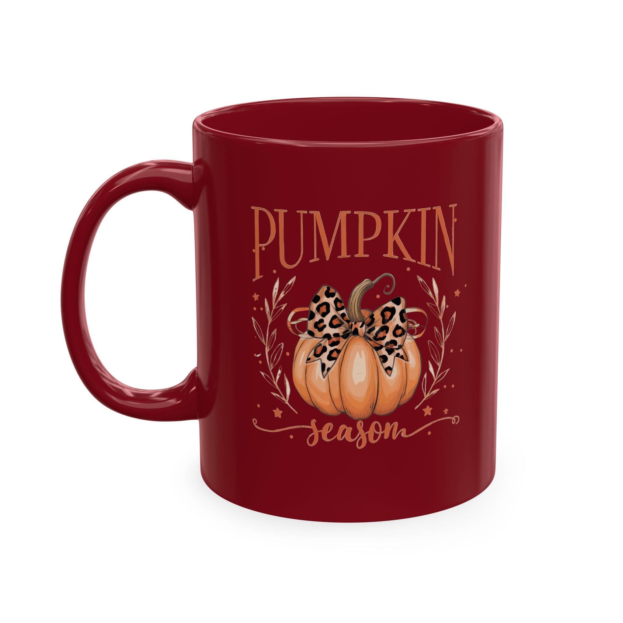 Pumpkin Season Ceramic Mug — Fall Coffee Cup with Leopard Bow Pumpkin Design